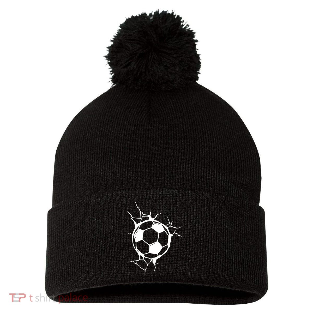 Soccer Ball Crashing Into Wall Pom Pom 12in Knit Beanie