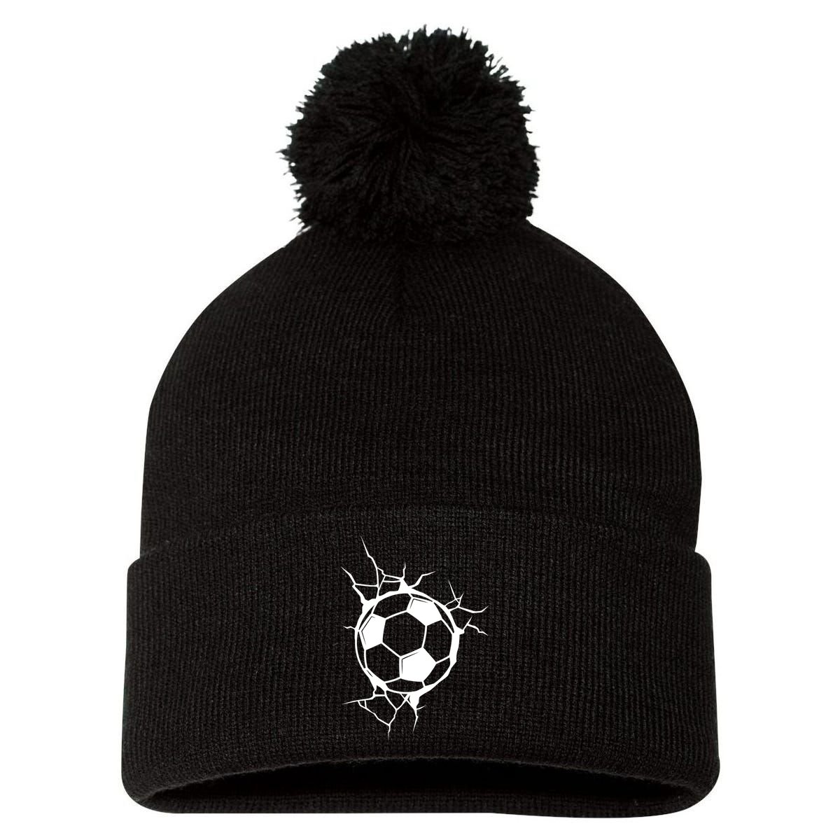 Soccer Ball Crashing Into Wall Pom Pom 12in Knit Beanie