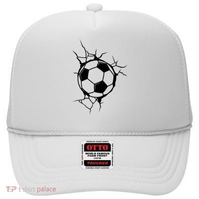 Soccer Ball Crashing Into Wall High Crown Mesh Back Trucker Hat