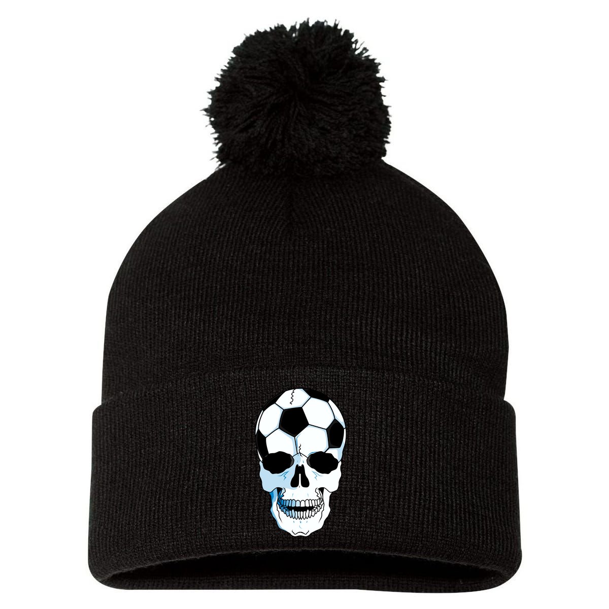Soccer Skull Pom Pom 12in Knit Beanie