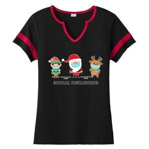 Social Distancing Funny Santa Claus Reindeer Elf Christmas Ladies Halftime Notch Neck Tee