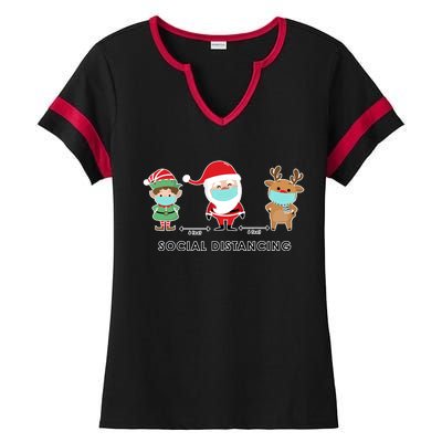 Social Distancing Funny Santa Claus Reindeer Elf Christmas Ladies Halftime Notch Neck Tee