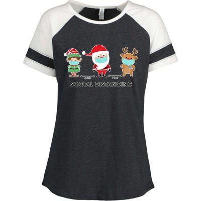 Social Distancing Funny Santa Claus Reindeer Elf Christmas Enza Ladies Jersey Colorblock Tee