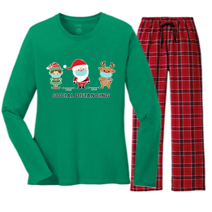 Social Distancing Funny Santa Claus Reindeer Elf Christmas Women's Long Sleeve Flannel Pajama Set 