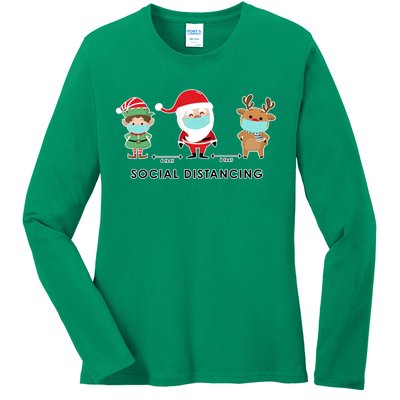 Social Distancing Funny Santa Claus Reindeer Elf Christmas Ladies Long Sleeve Shirt