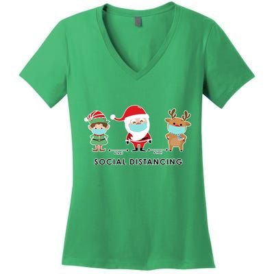 Social Distancing Funny Santa Claus Reindeer Elf Christmas Women's V-Neck T-Shirt
