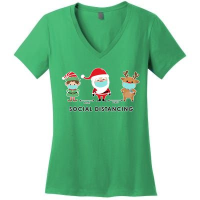 Social Distancing Funny Santa Claus Reindeer Elf Christmas Women's V-Neck T-Shirt