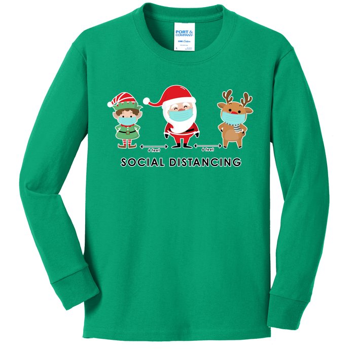 Social Distancing Funny Santa Claus Reindeer Elf Christmas Kids Long Sleeve Shirt