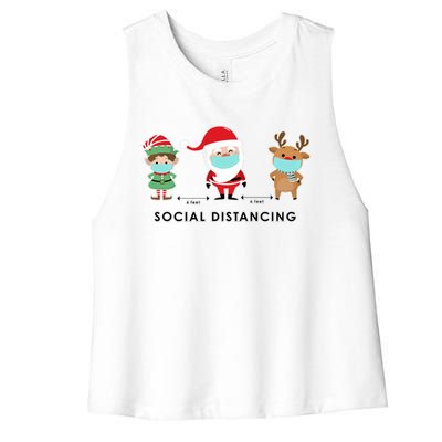 Social Distancing Funny Santa Claus Reindeer Elf Christmas Women's Racerback Cropped Tank