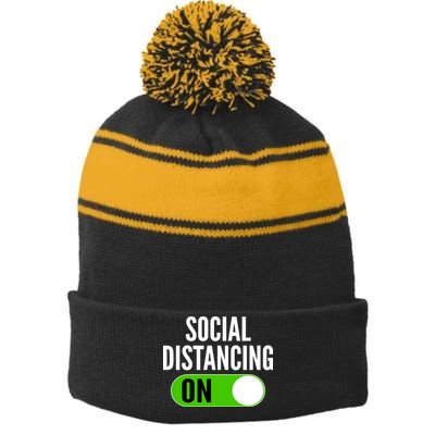 Social Distancing On Button Stripe Pom Pom Beanie