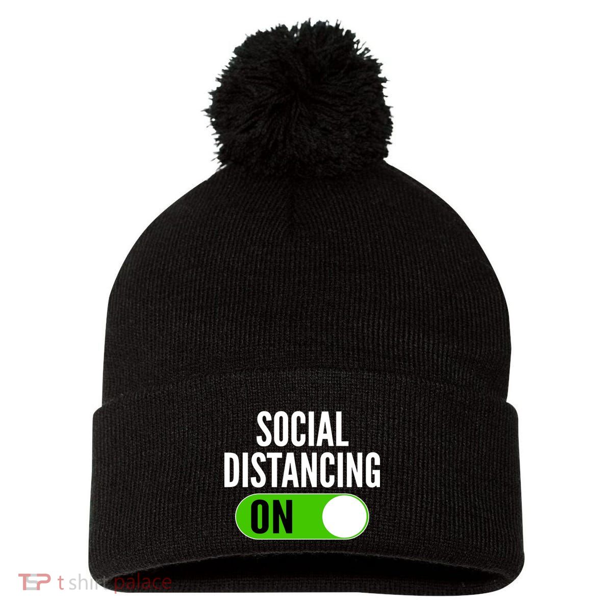 Social Distancing On Button Pom Pom 12in Knit Beanie