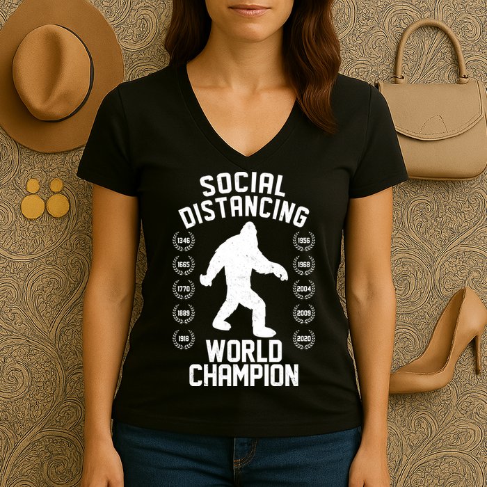 Social Distancing World Champion Sasquatch Women's V-Neck T-Shirt