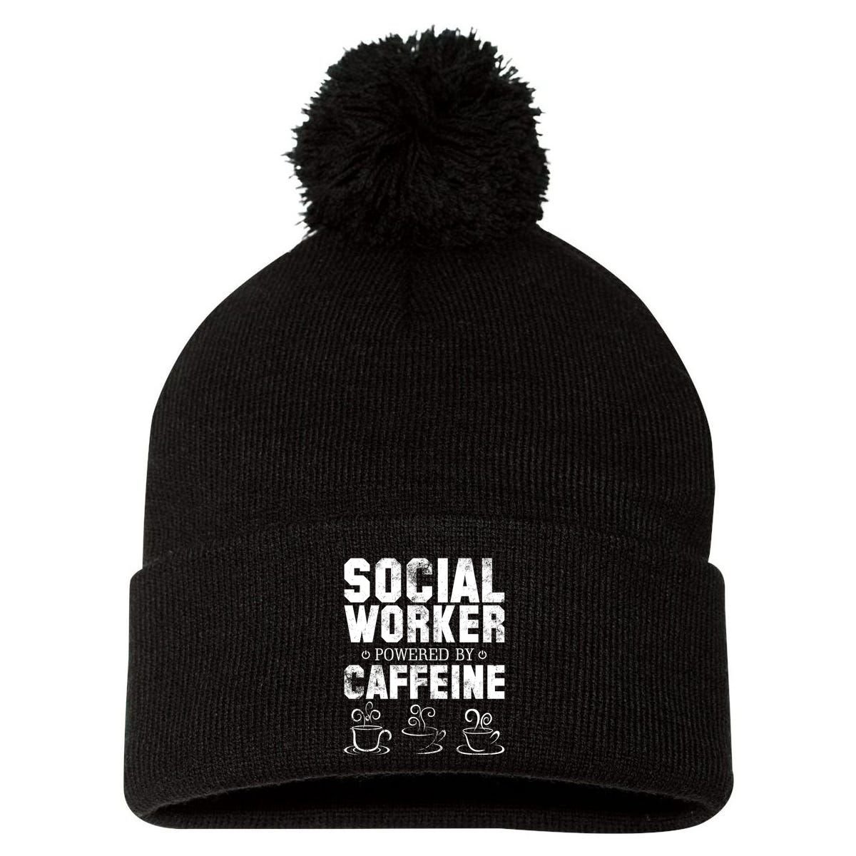 Social Worker Powered By Caffeine Pom Pom 12in Knit Beanie