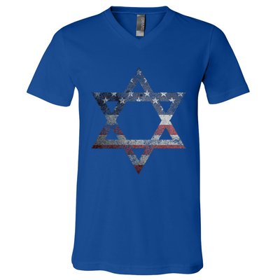 Star Of David Jews Jewish Gifts Usa American Flag V-Neck T-Shirt