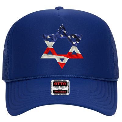 Star Of David American Flag Pro Israel Usa Israeli Jewish High Crown Mesh Back Trucker Hat