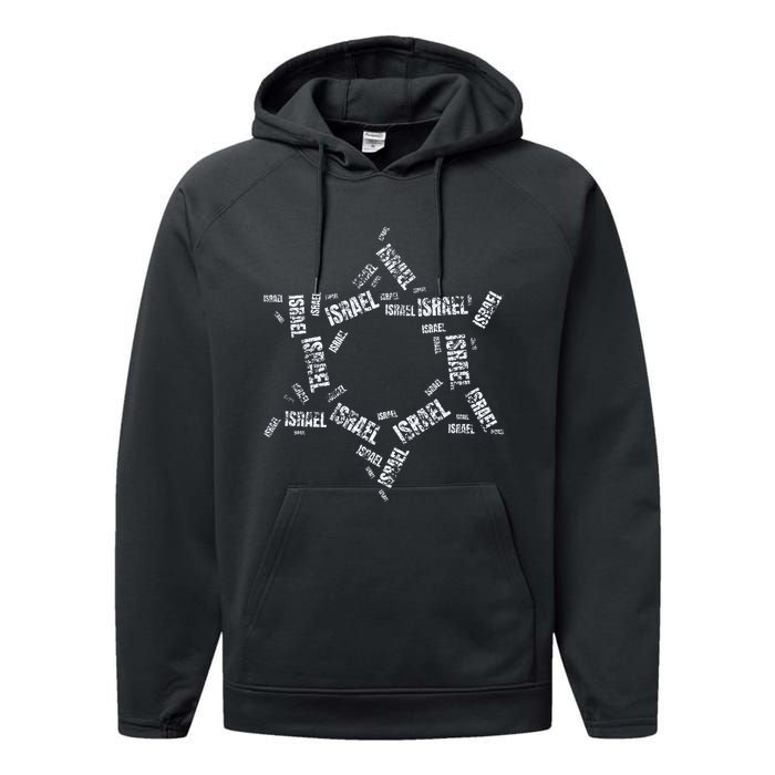 Star Of David Israel Jewish Israeli Flag Text Grunge Retro Performance Fleece Hoodie