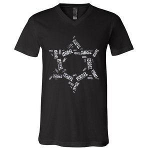 Star Of David Israel Jewish Israeli Flag Text Grunge Retro V-Neck T-Shirt