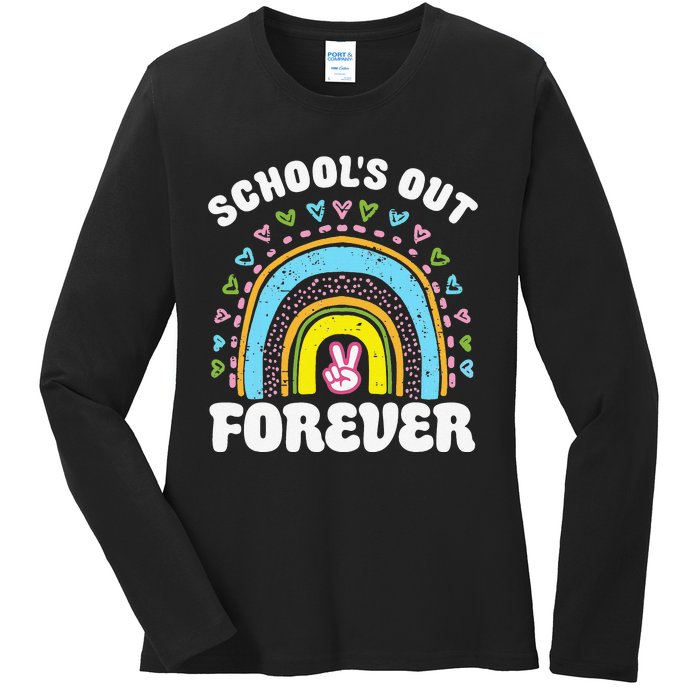 School's Out Forever Rainbow Teacher Retirement Teacher Life Ladies Long Sleeve Shirt