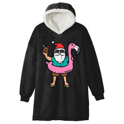 Santa On Flamingo Floatie Cute Christmas In July Xmas Summer Hooded Wearable Blanket