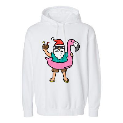 Santa On Flamingo Floatie Cute Christmas In July Xmas Summer Garment-Dyed Fleece Hoodie