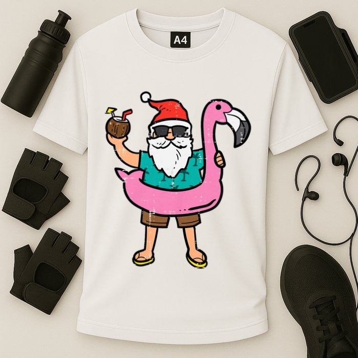 Santa On Flamingo Floatie Cute Christmas In July Xmas Summer Cooling Performance Crew T-Shirt