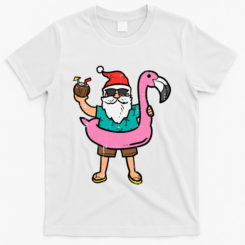 Santa On Flamingo Floatie Cute Christmas In July Xmas Summer T-Shirt