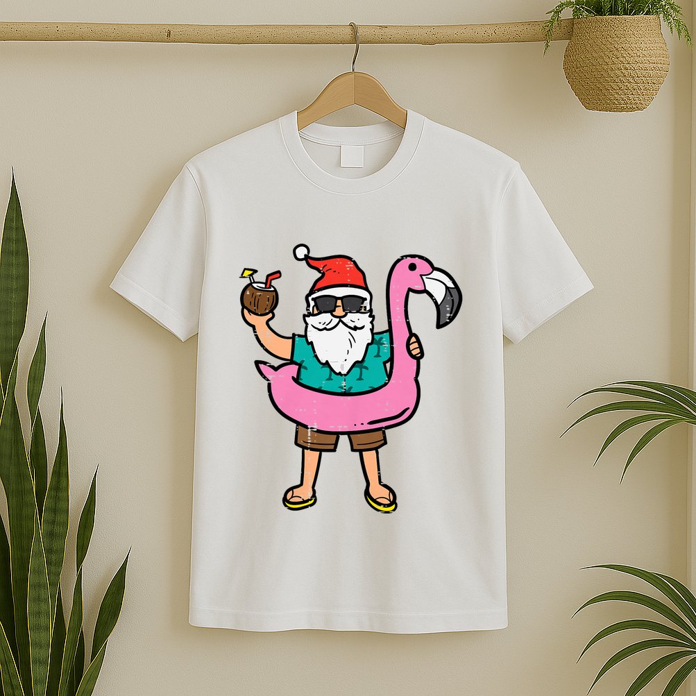 Santa On Flamingo Floatie Cute Christmas In July Xmas Summer T-Shirt