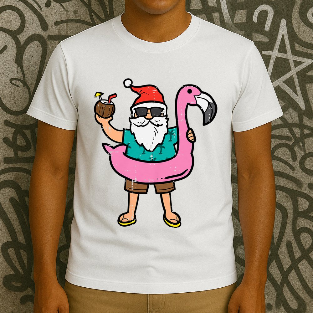 Santa On Flamingo Floatie Cute Christmas In July Xmas Summer T-Shirt