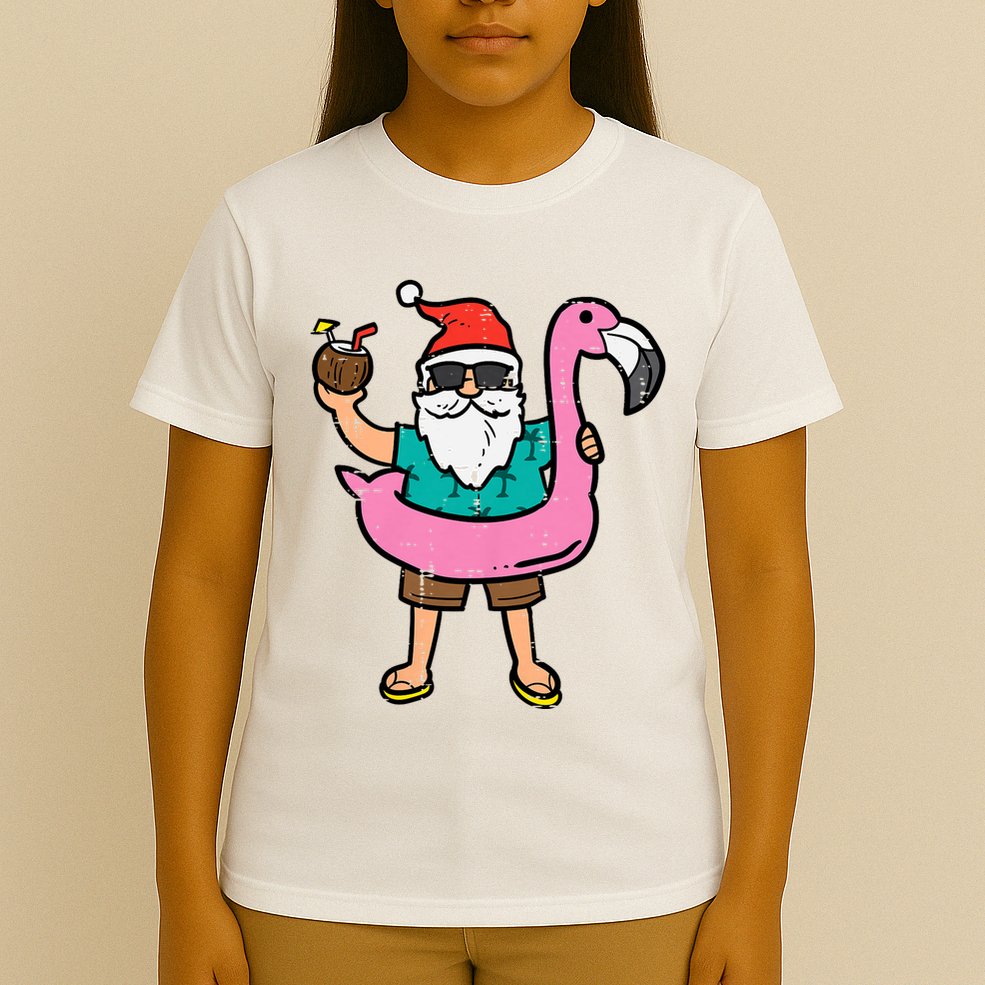 Santa On Flamingo Floatie Cute Christmas In July Xmas Summer T-Shirt