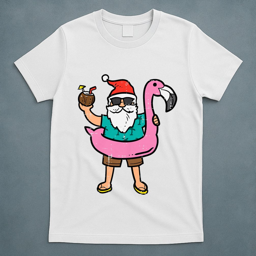 Santa On Flamingo Floatie Cute Christmas In July Xmas Summer T-Shirt