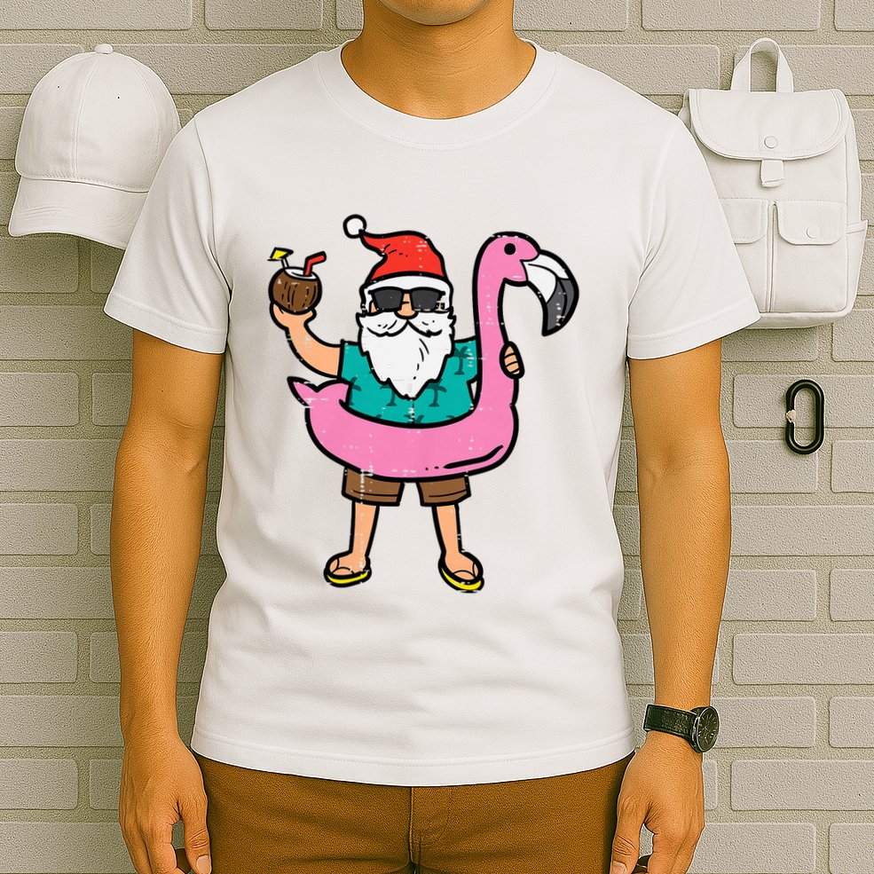 Santa On Flamingo Floatie Cute Christmas In July Xmas Summer T-Shirt