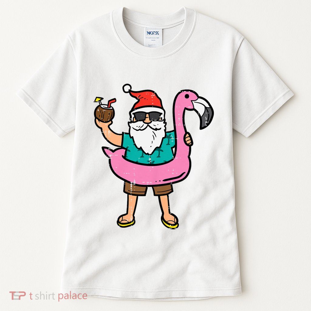 Santa On Flamingo Floatie Cute Christmas In July Xmas Summer Tall T-Shirt