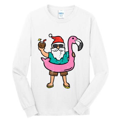 Santa On Flamingo Floatie Cute Christmas In July Xmas Summer Tall Long Sleeve T-Shirt