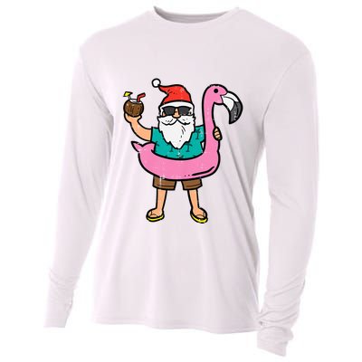 Santa On Flamingo Floatie Cute Christmas In July Xmas Summer Cooling Performance Long Sleeve Crew