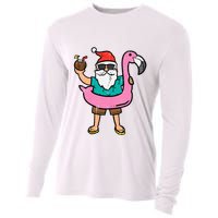 Santa On Flamingo Floatie Cute Christmas In July Xmas Summer Cooling Performance Long Sleeve Crew
