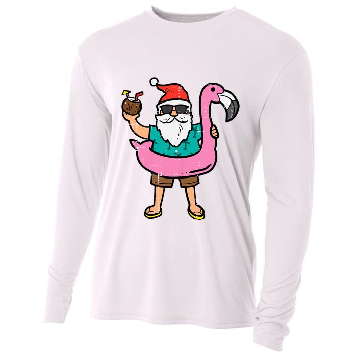 Santa On Flamingo Floatie Cute Christmas In July Xmas Summer Cooling Performance Long Sleeve Crew