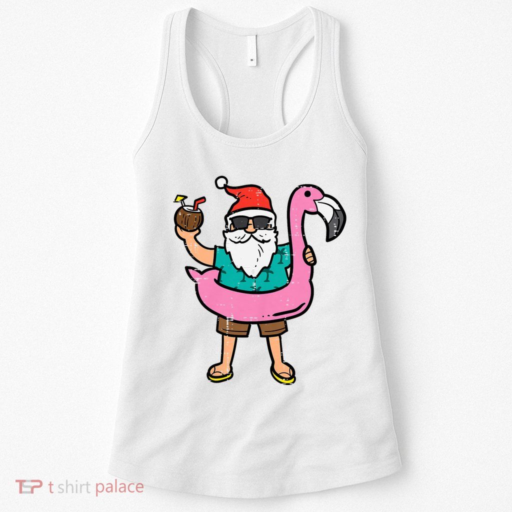 Santa On Flamingo Floatie Cute Christmas In July Xmas Summer Womens Tank Top