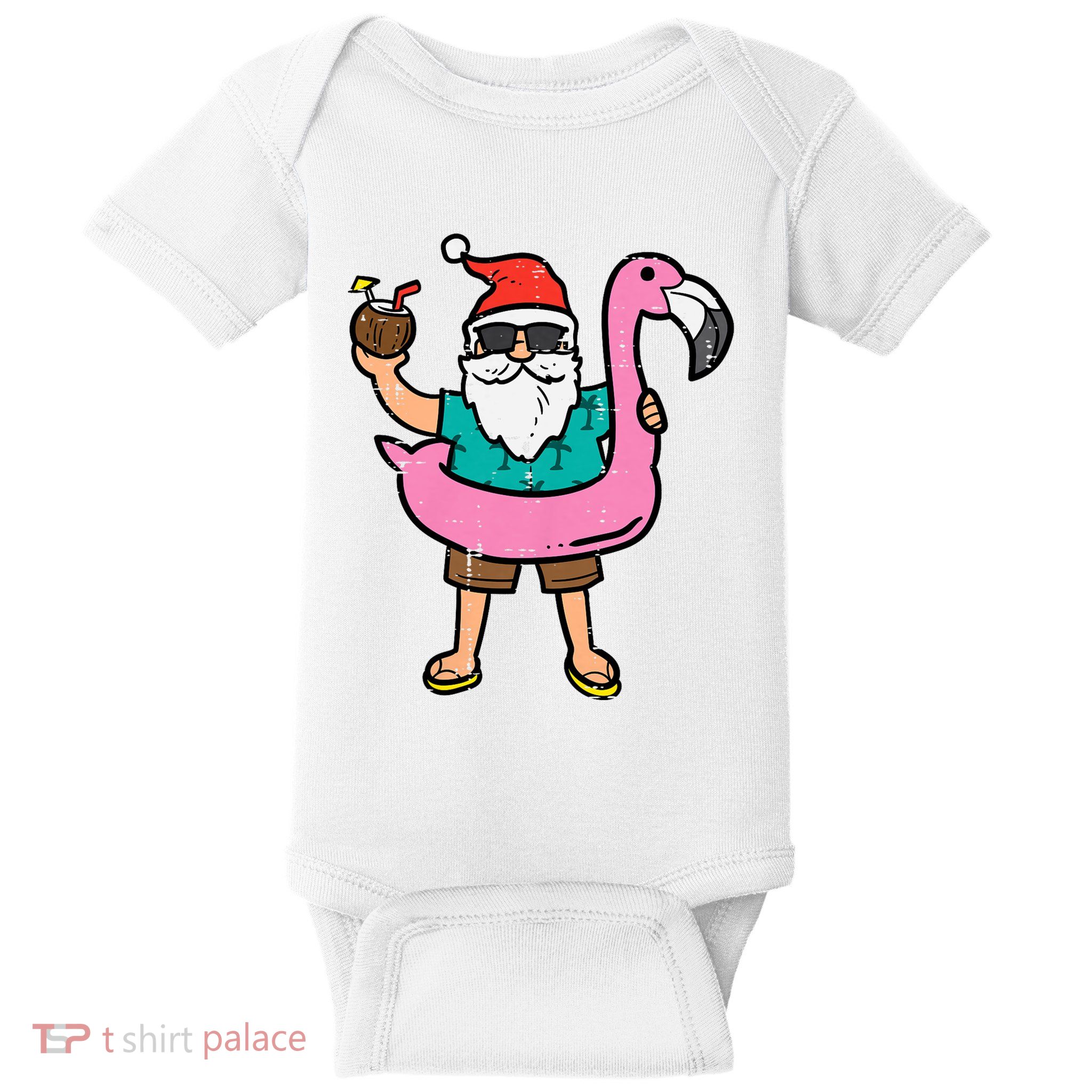Santa On Flamingo Floatie Cute Christmas In July Xmas Summer Baby Bodysuit