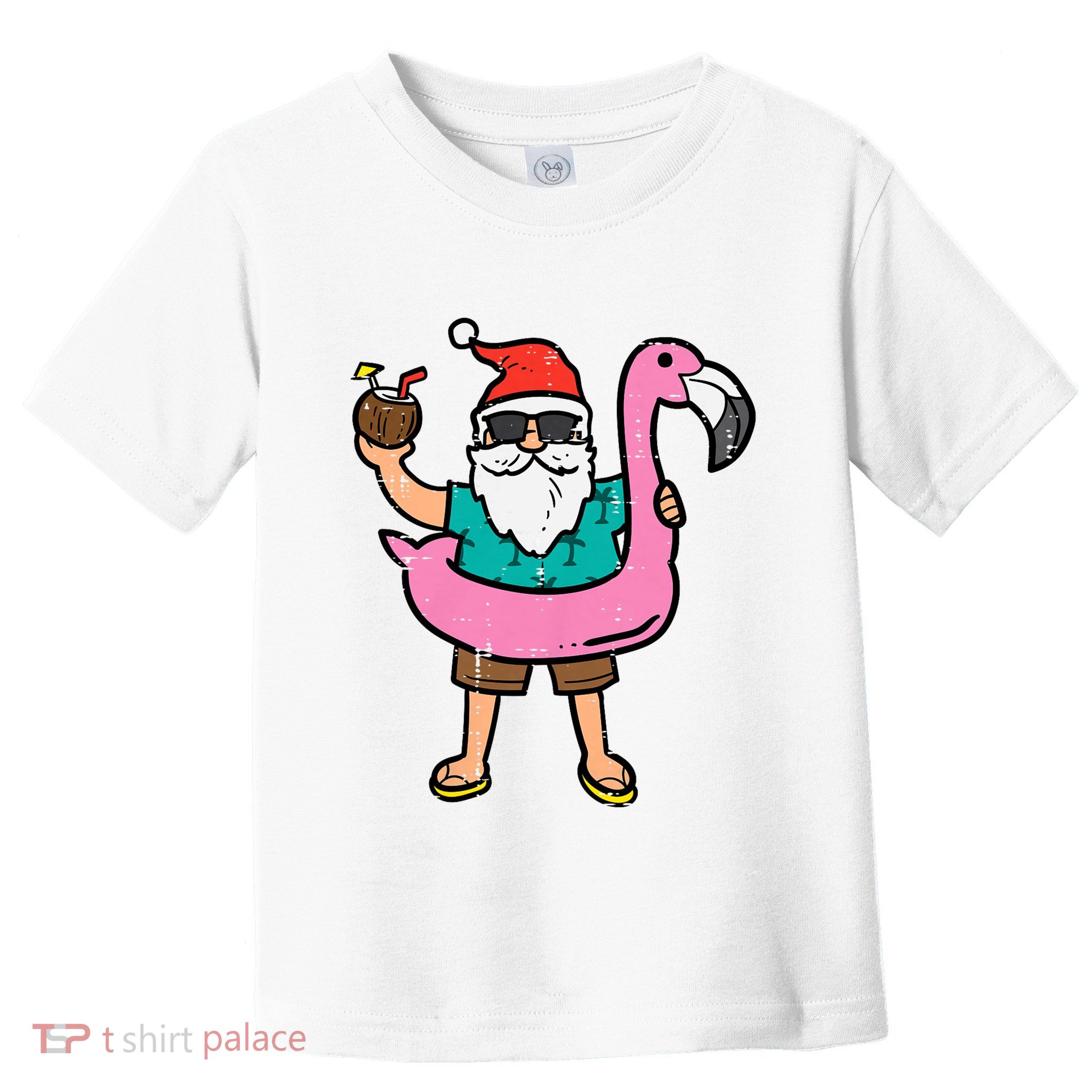 Santa On Flamingo Floatie Cute Christmas In July Xmas Summer Toddler T-Shirt