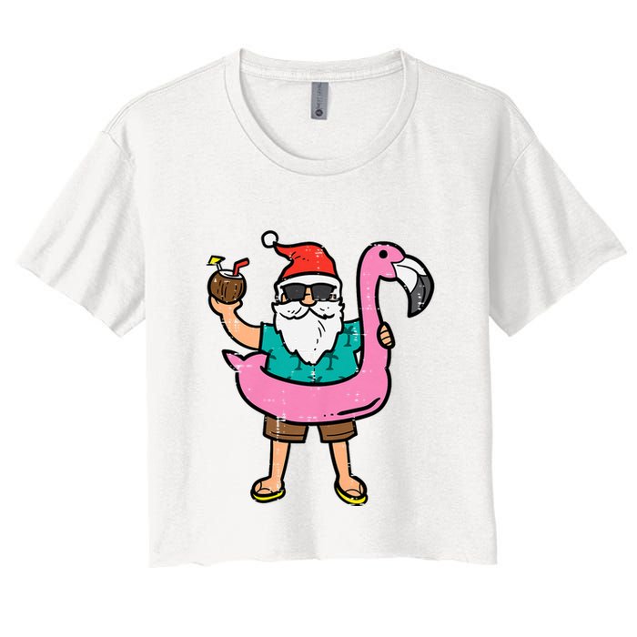Santa On Flamingo Floatie Cute Christmas In July Xmas Summer Women's Crop Top Tee