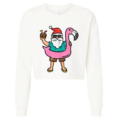 Santa On Flamingo Floatie Cute Christmas In July Xmas Summer Cropped Pullover Crew