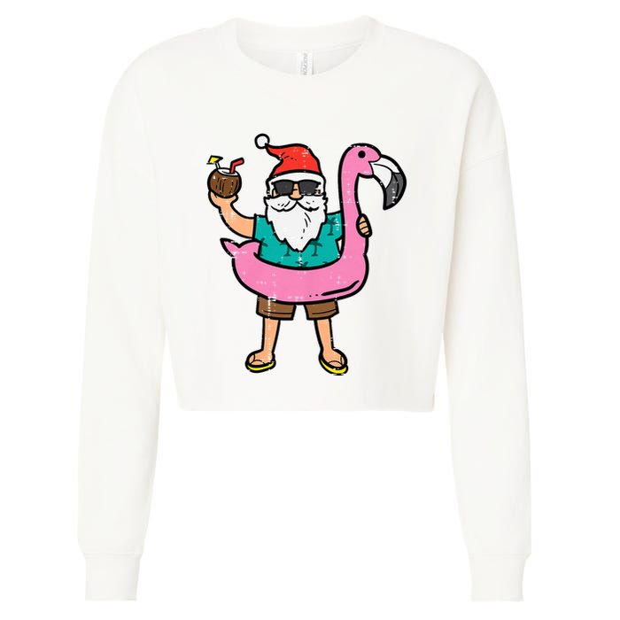 Santa On Flamingo Floatie Cute Christmas In July Xmas Summer Cropped Pullover Crew