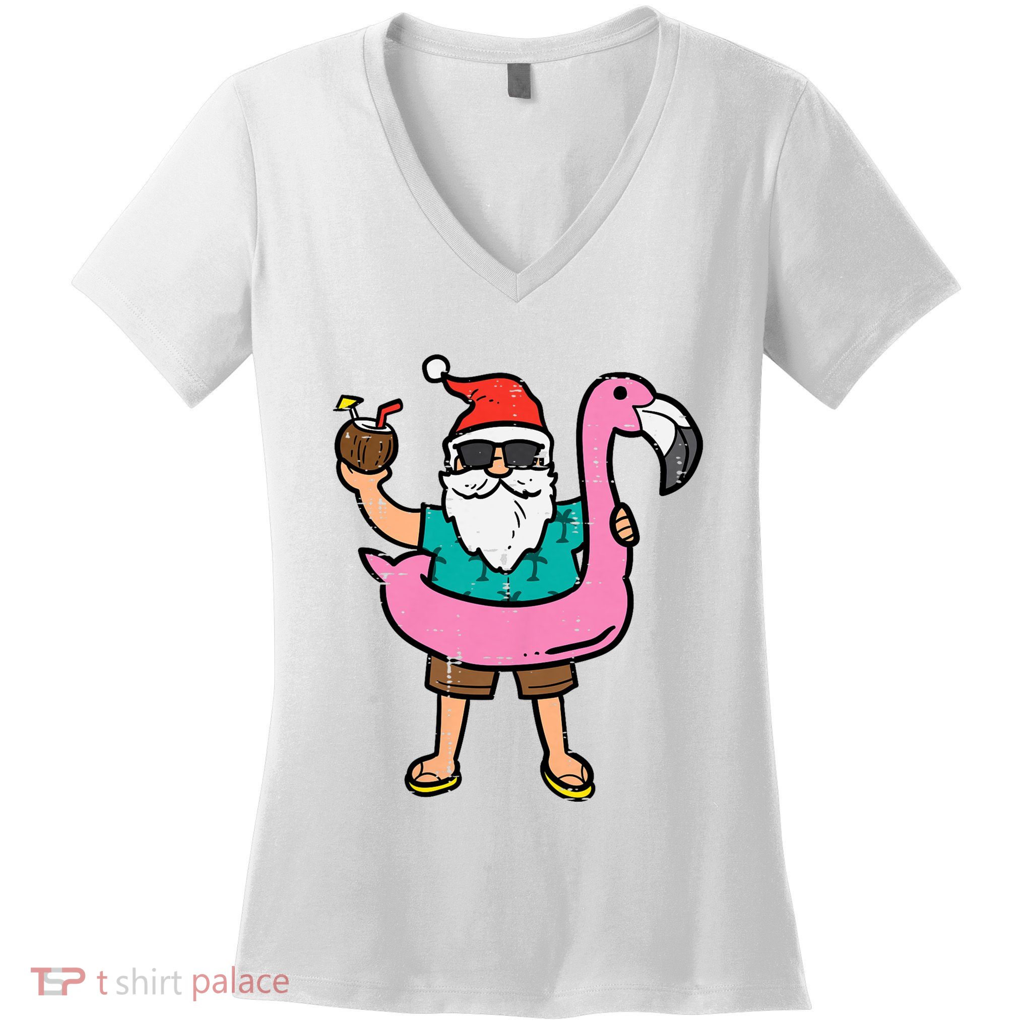 Santa On Flamingo Floatie Cute Christmas In July Xmas Summer Women's V-Neck T-Shirt