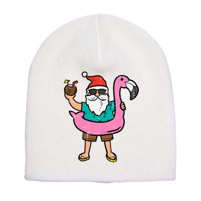 Santa On Flamingo Floatie Cute Christmas In July Xmas Summer Short Acrylic Beanie