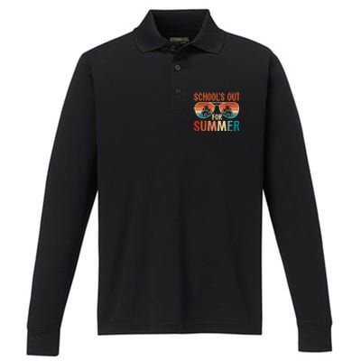 School Out For Summer Retro Last Day Of School Teacher Performance Long Sleeve Polo