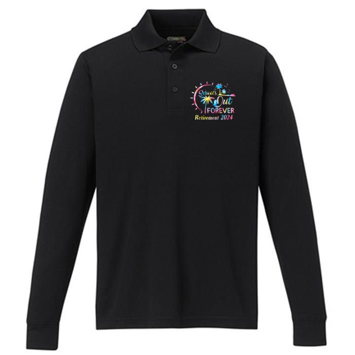 Schools Out Forever Retirement 2024 Tie Dye Retired Teacher Performance Long Sleeve Polo