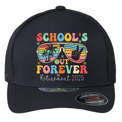 SchoolS Out Forever Retired Teacher 2025 Groovy Retirement Flexfit Unipanel Trucker Cap