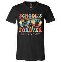 SchoolS Out Forever Retired Teacher 2025 Groovy Retirement V-Neck T-Shirt