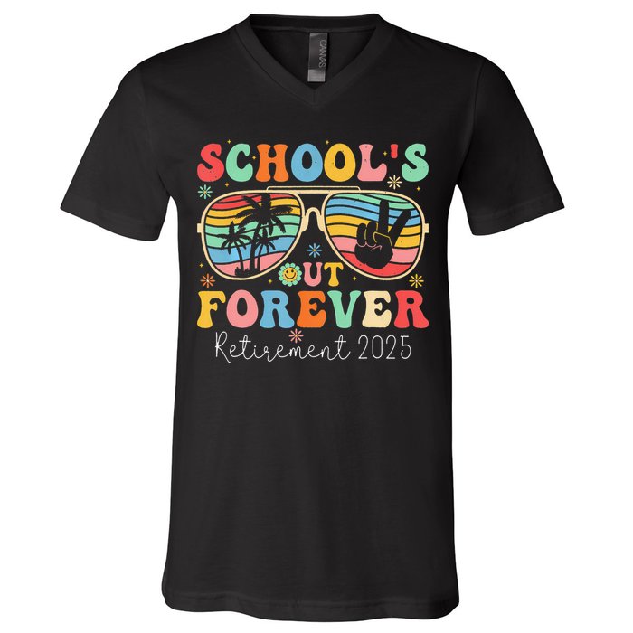 SchoolS Out Forever Retired Teacher 2025 Groovy Retirement V-Neck T-Shirt