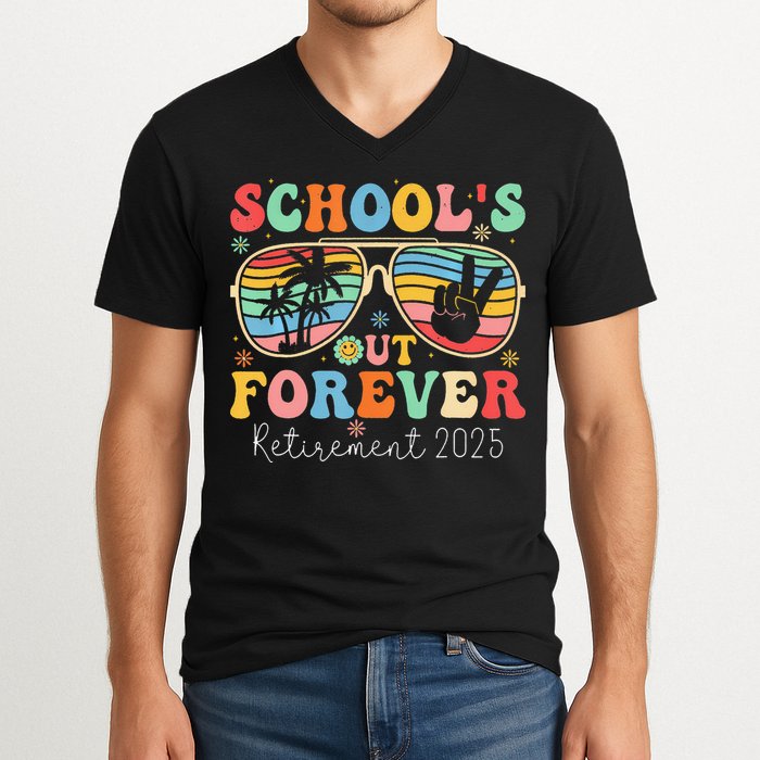 SchoolS Out Forever Retired Teacher 2025 Groovy Retirement V-Neck T-Shirt